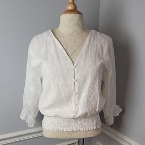 HAYDEN | BOHME White Boho Peasant V-Neck Eyelet Embroidered 3/4 Sleeve‎ Top M